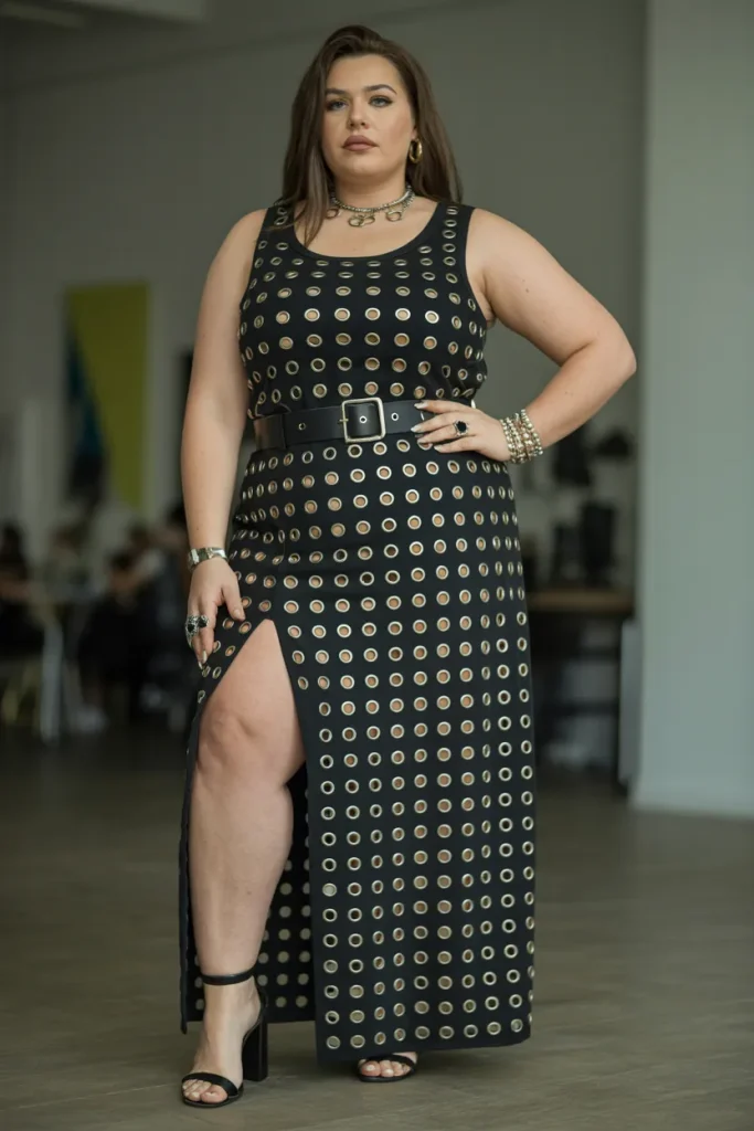Plus Size Edgy Grommeted Tank and Split Skirt Summer Outfit