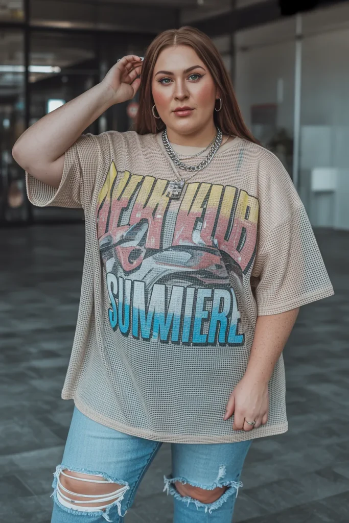 Plus Size Edgy Mesh Sleeve Graphic Summer Outfit