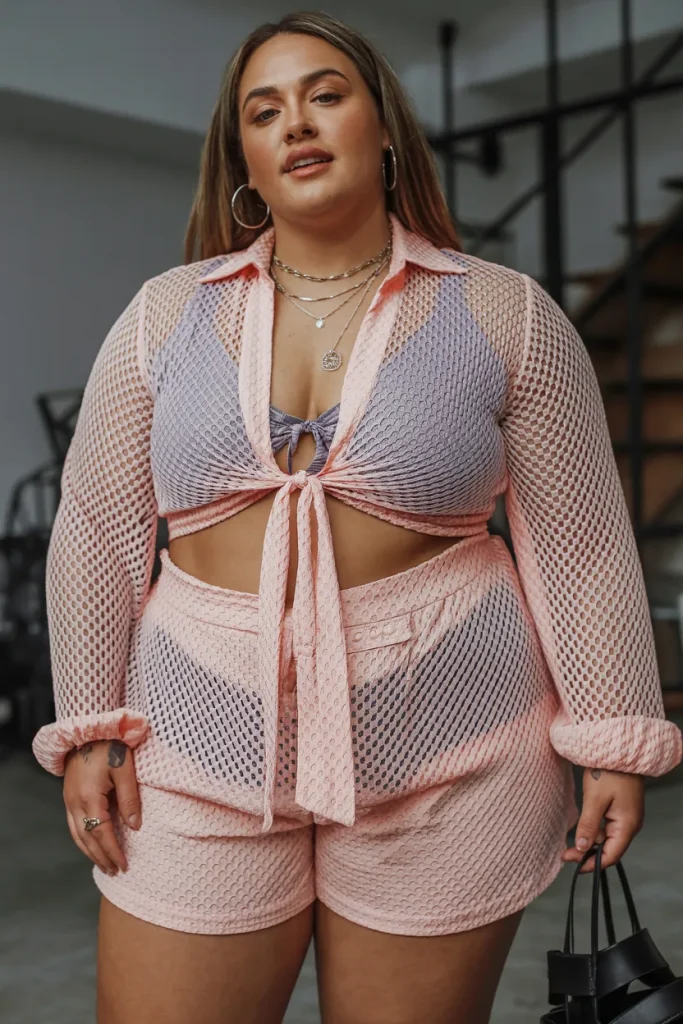 Plus Size Edgy Tie Front Mesh Summer Outfit