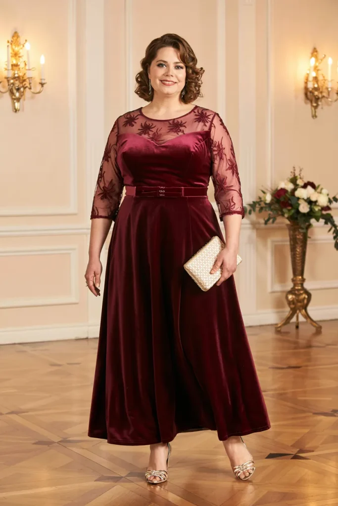 Plus Size Elegant Bordeaux Velvet A Line Mother of the Bride Dress with Sheer Lace Sleeves