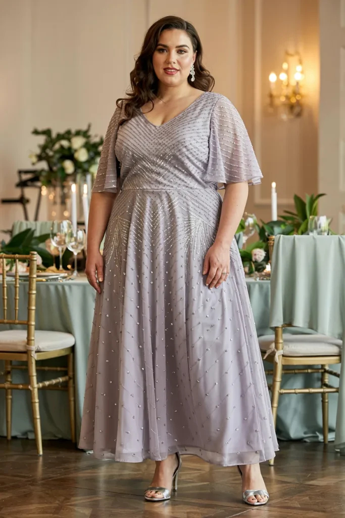 Plus Size Embellished Cape Sleeve Tea Length Wedding Guest Dress