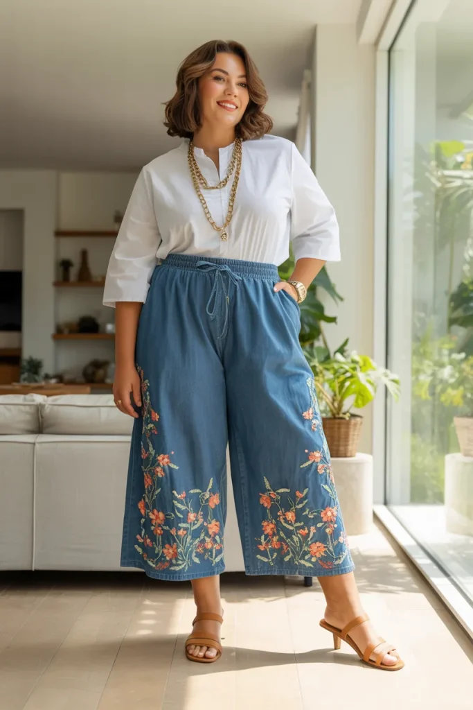 Plus Size Embroidered Denim Culotte Summer Outfit