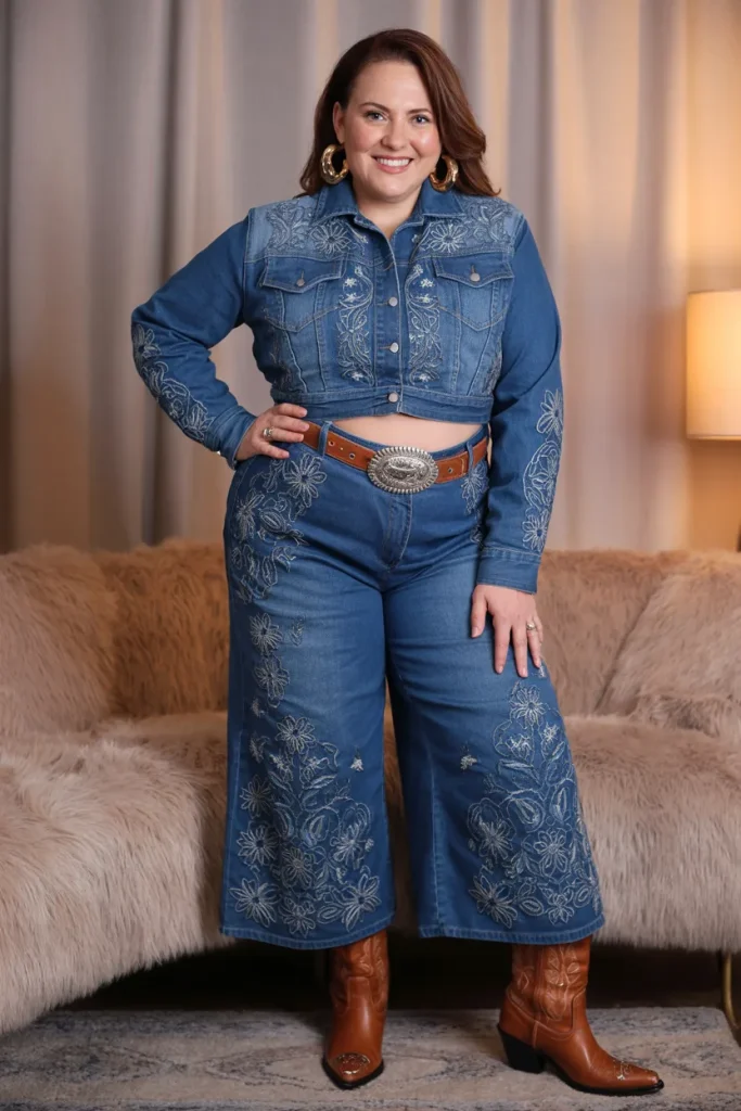 Plus Size Embroidered Denim Culottes with Western Crop Jacket Cowgirl Outfit
