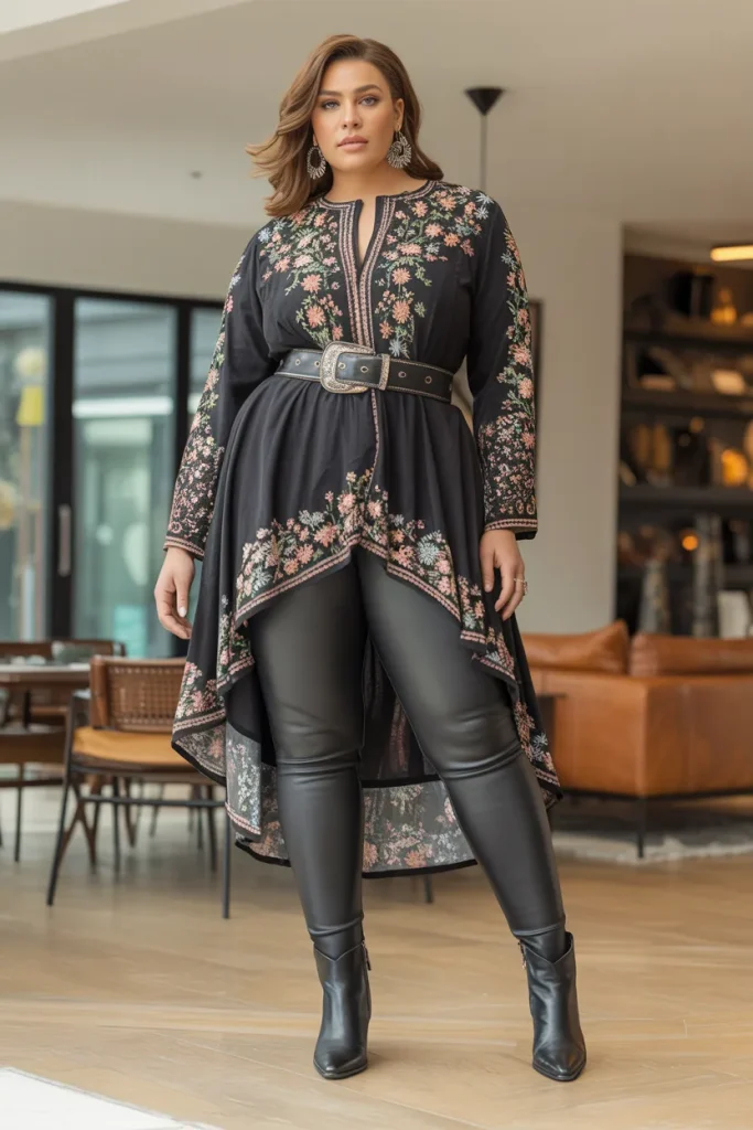 Plus Size Embroidered High Low Tunic with Leather Leggings