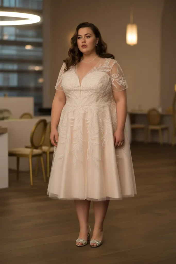 Plus Size Embroidered Mesh Illusion Short Wedding Dress
