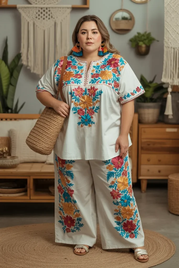 Plus Size Embroidered Mexican Huipil Tunic Summer Outfit