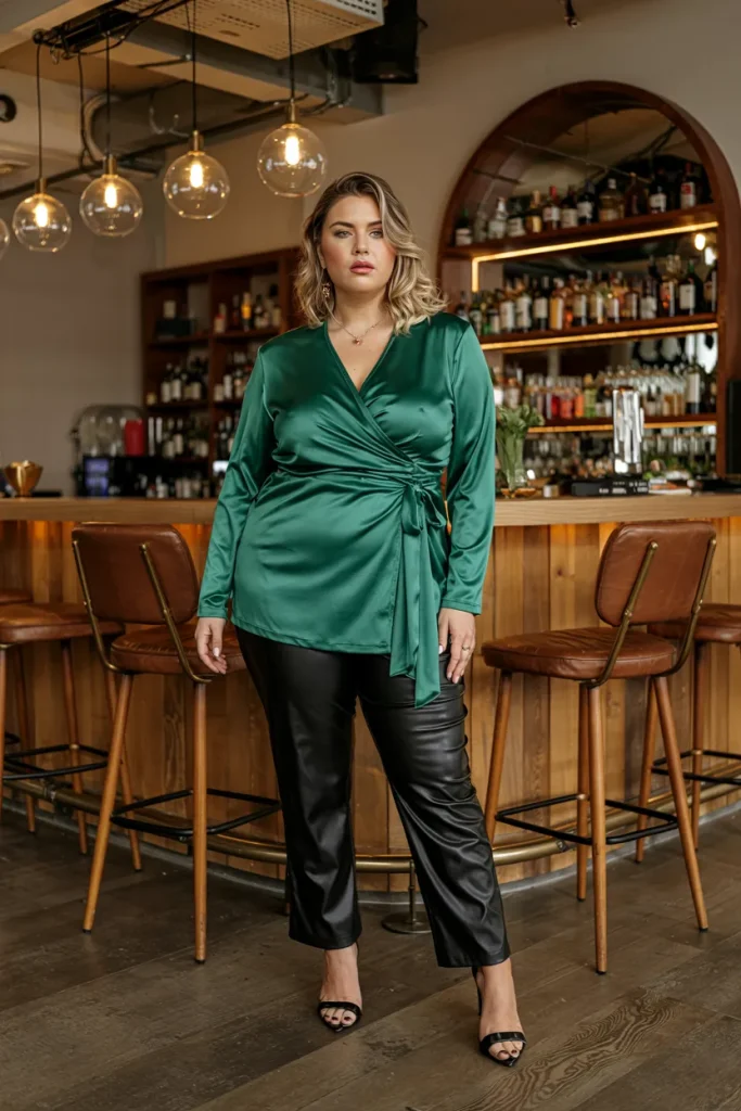 Plus Size Emerald Green Wrap Top With Black Leather Pants Outfit