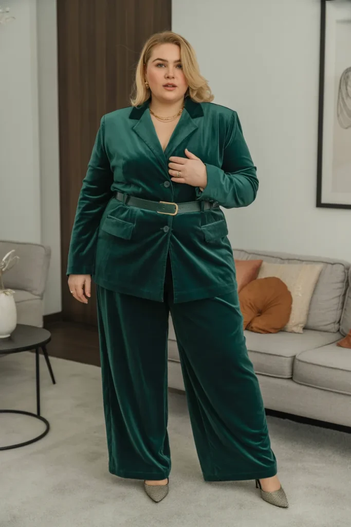 Plus Size Emerald Velvet Blazer Wide Leg Pants Easter Outfit