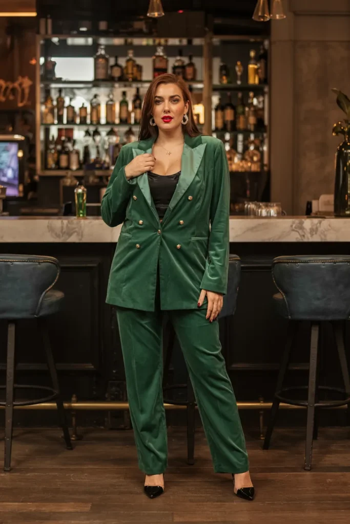 Plus Size Emerald Velvet Blazer With Gold Button Detail Outfit