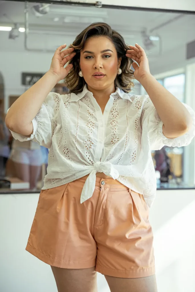 Plus Size Eyelet Cotton Blouse and Shorts Summer Outfit