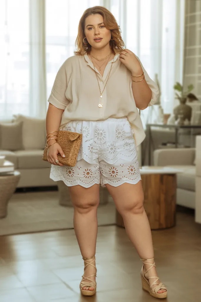 Plus Size Eyelet Overlay Shorts Summer Outfit