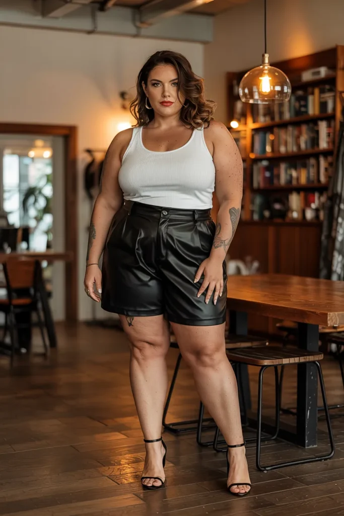 Plus Size Faux Leather Shorts Summer Outfit