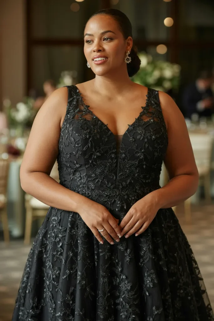 Plus Size Floral Lace Overlay V Neck Black Wedding Dress