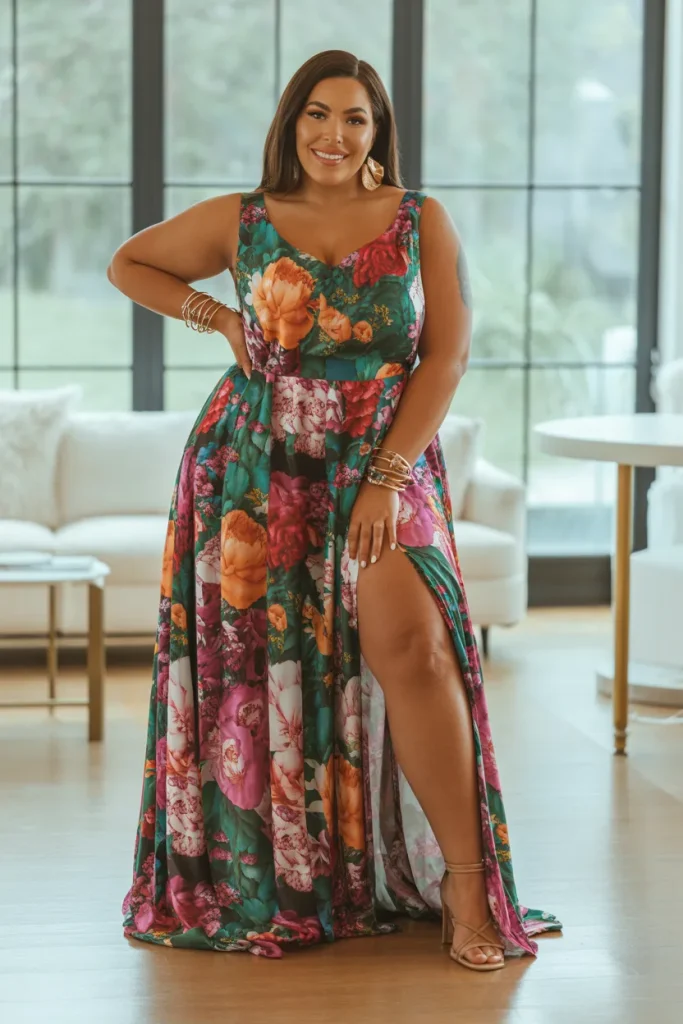 Plus Size Floral Maxi Dress With Thigh High Slit Baddie Outfit