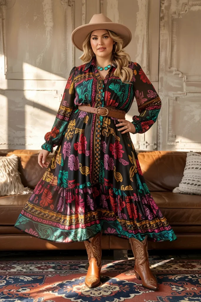 Plus Size Floral or Paisley Print Midi Dress Cowgirl Outfit