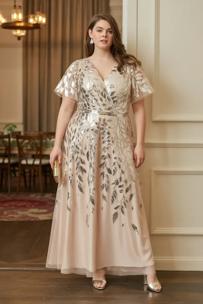 Plus Size Foil Leaf Short Sleeve Gown Wedding Guest Dress