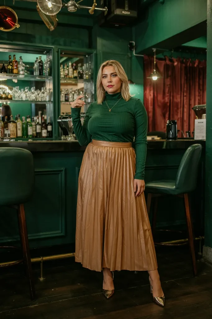 Plus Size Forest Green Turtleneck With Gold Pleated Skirt Outfit