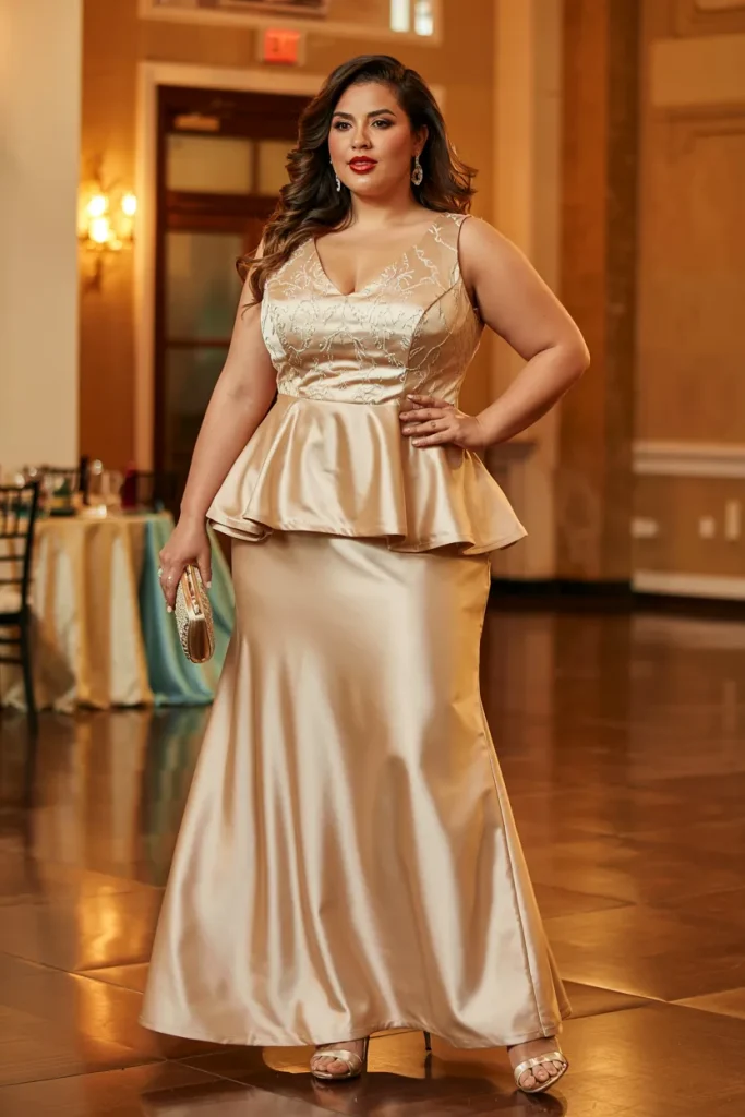 Plus Size Formal Champagne Peplum Satin Maxi Dress 1