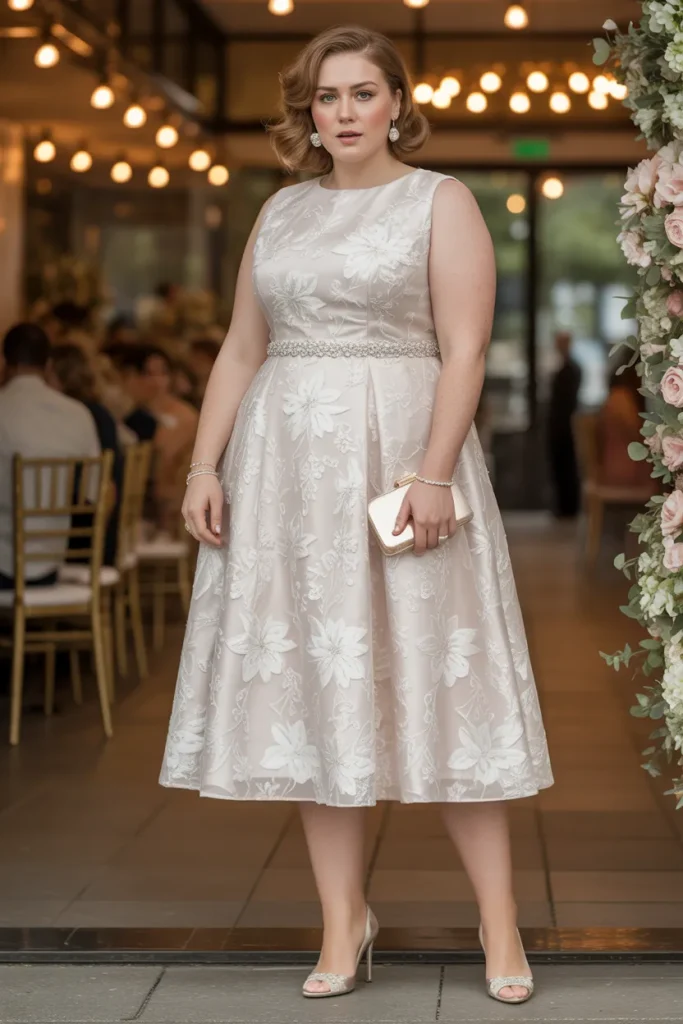 Plus Size Formal White Floral Midi Fit and Flare Wedding Guest Dress