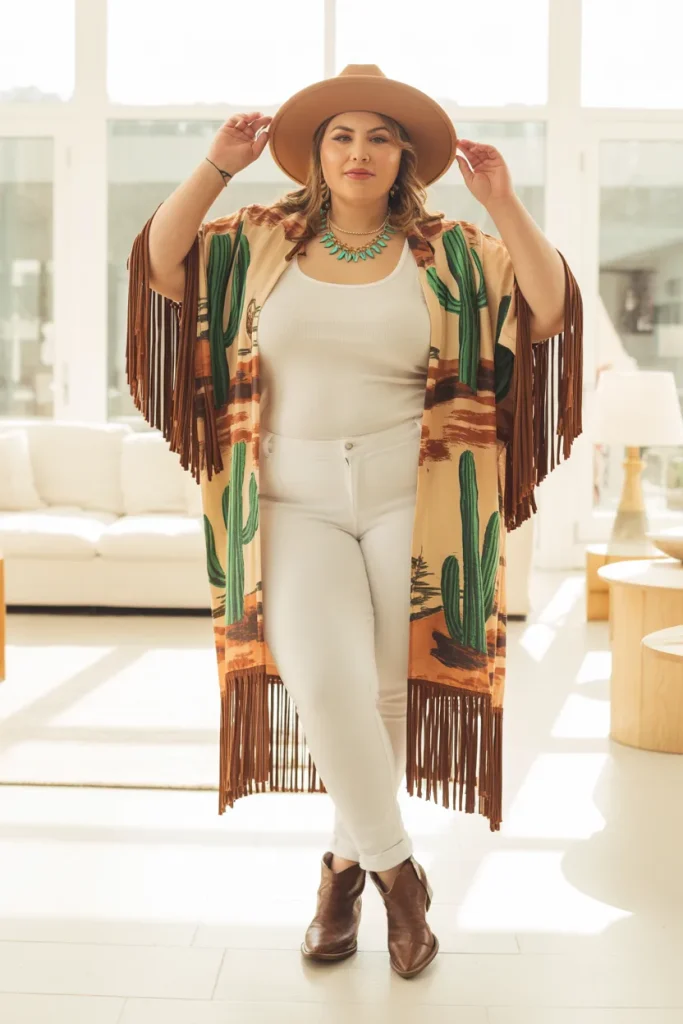 Plus Size Fringe Cactus Print Kimono with White Jeans