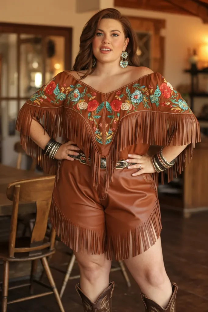 Plus Size Fringed Leather Shorts with Embroidered Off Shoulder Top