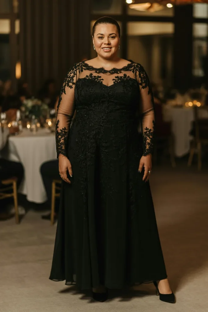 Plus Size Full Sleeve Illusion Neckline Black Wedding Dress