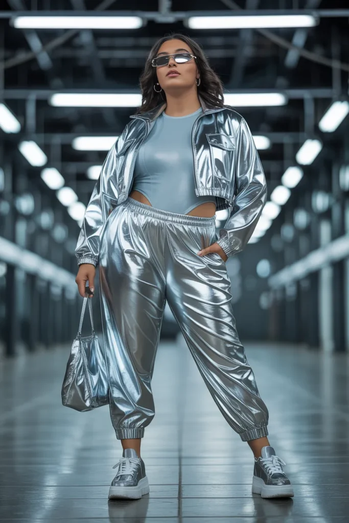 Plus Size Futuristic Metallic Streetwear Outfit
