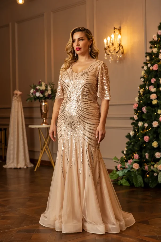 Plus Size Glamorous Champagne Sequin Mermaid Mother of the Bride Dress with Tulle Skirt