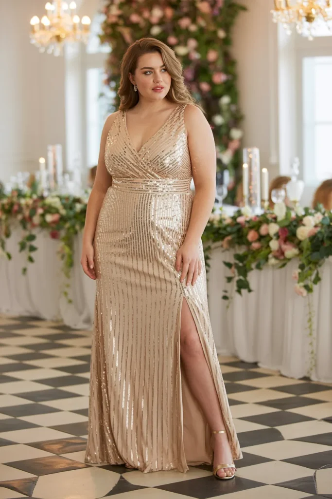 Plus Size Gold Sequin V Neck Split Maxi Wedding Guest Dress