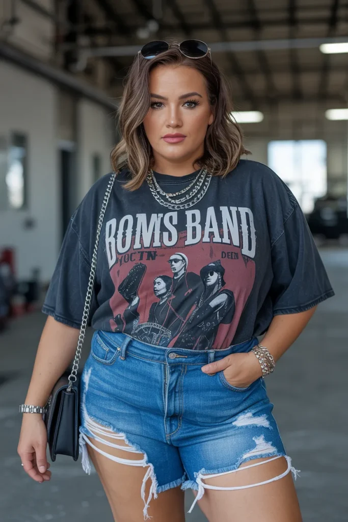 Plus Size Graphic Band Tee with Distressed High-Waisted Denim Shorts Summer Outfit