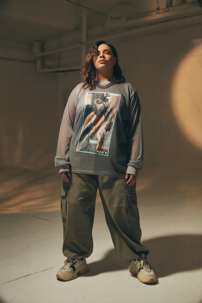 Plus Size Graphic Print Mesh Layered Streetwear Outfit