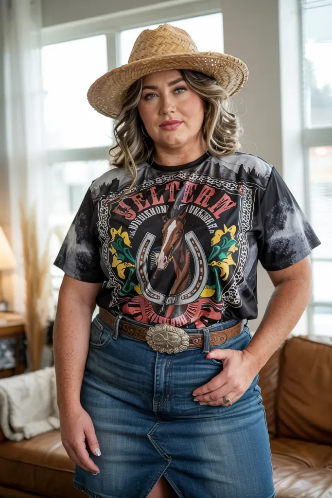 Plus Size Graphic Western T Shirt with Denim Skirt