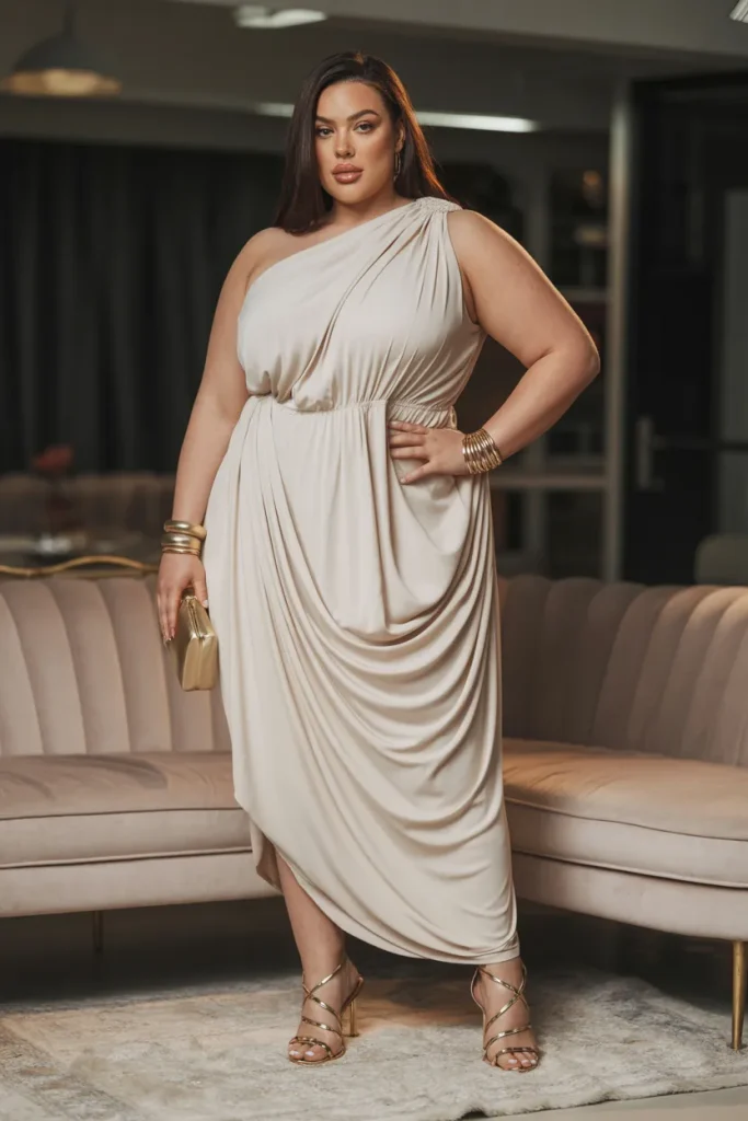 Plus Size Grecian Drape One Shoulder Summer Outfit