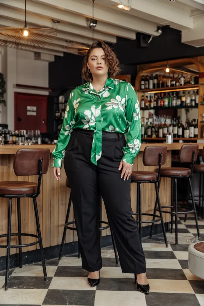 Plus Size Green Floral Print Blouse With Black Trousers Outfit