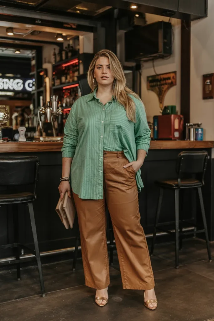 Plus Size Green Striped Button Up With Tan Chinos Outfit