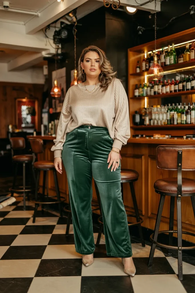 Plus Size Green Velvet Pants With Cream Sweater Outfit