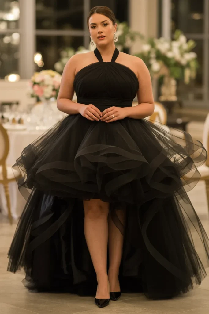 Plus Size Halter Neck Tulle Ball Gown Black Wedding Dress