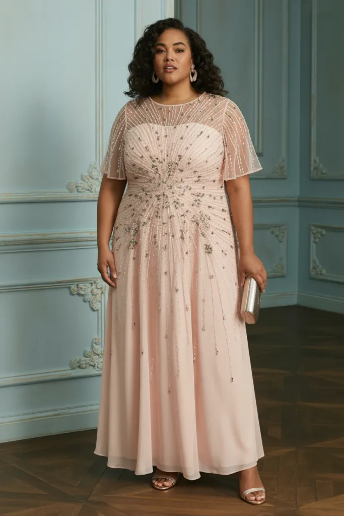 Plus Size Hand Beaded Short Sleeve Floral Godet Gown Wedding Guest Dress