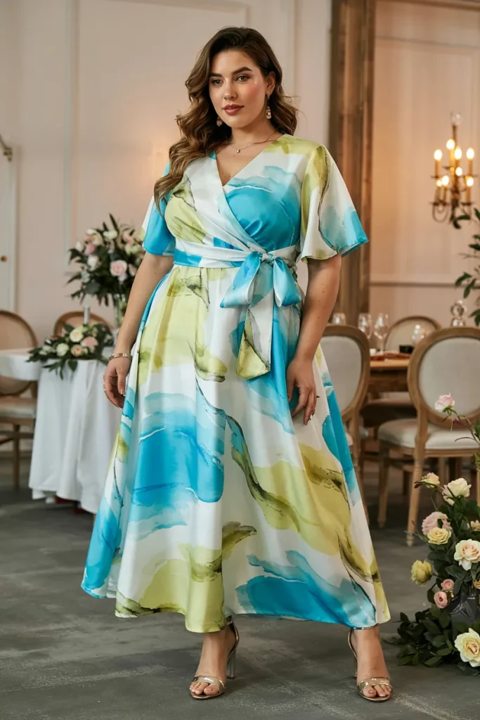 Plus Size Handkerchief Panel Watercolor Print Wedding Guest Dress