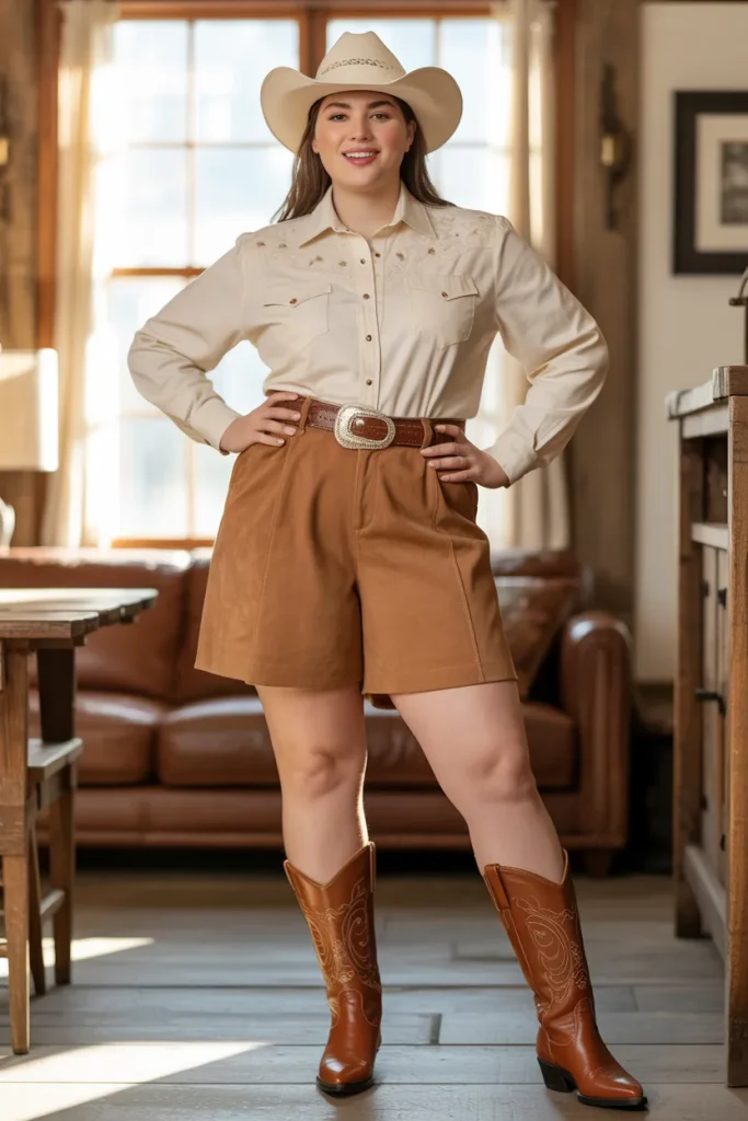 Plus Size High Waisted Suede Shorts with Western Button Down