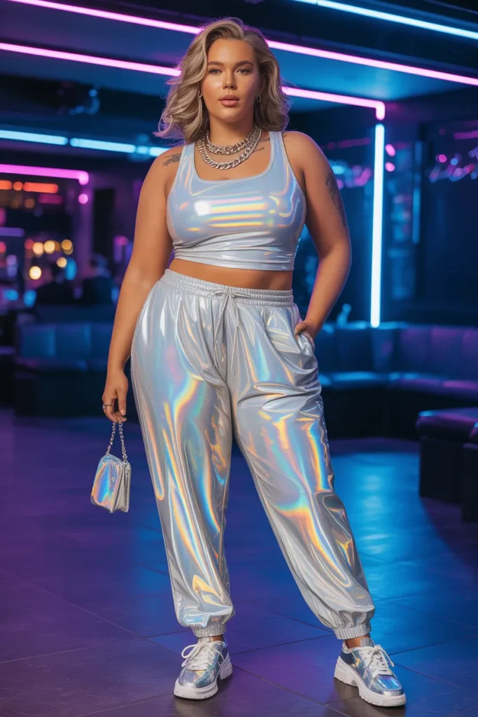 Plus Size Holographic Joggers and Crop Tank Summer Club Outfit