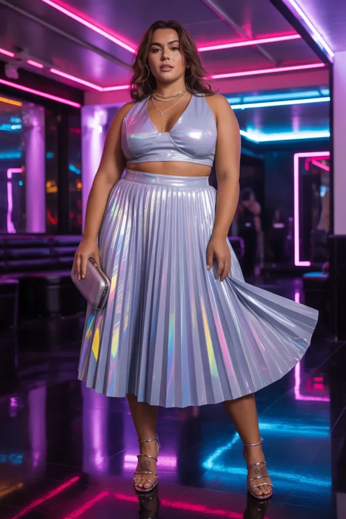 Plus Size Holographic Pleated Midi Skirt and Crop Corset Summer Club Outfit