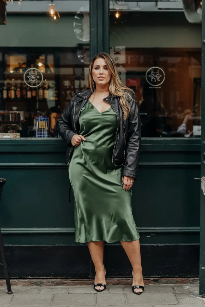 Plus Size Hunter Green Satin Slip Dress With Leather Jacket Outfit