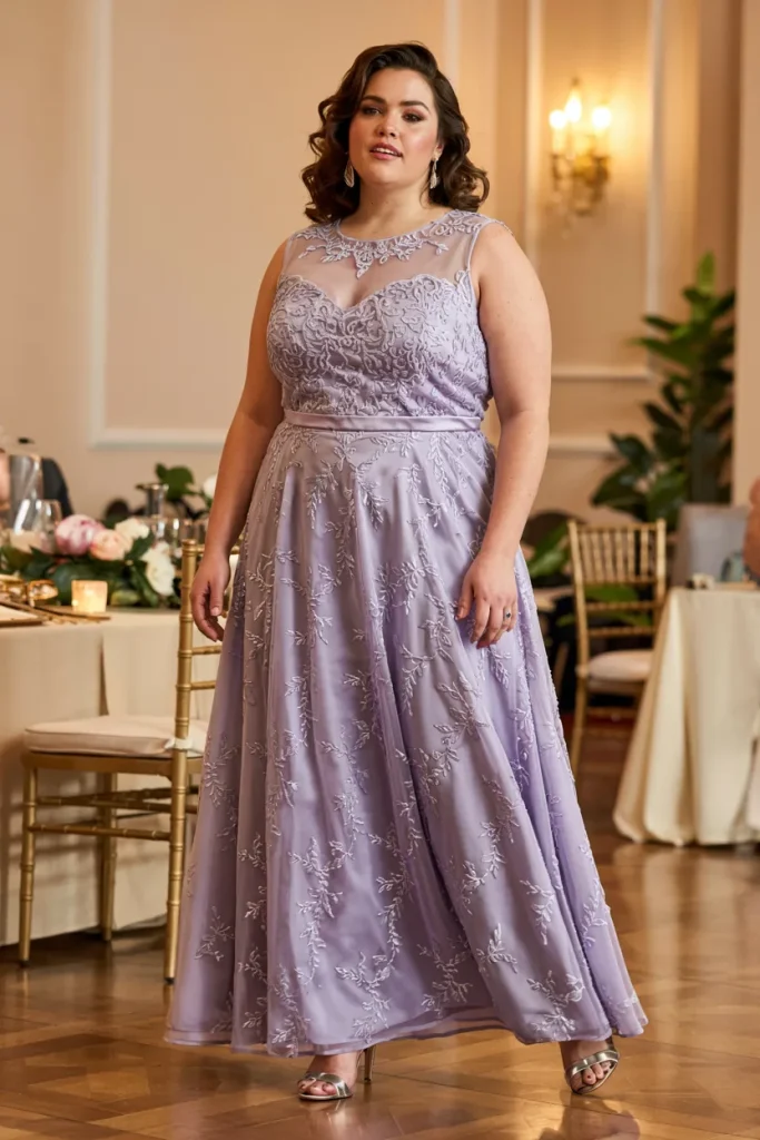 Plus Size Illusion Neckline Embroidered Wedding Guest Dress