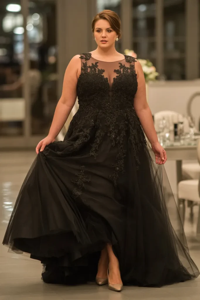 Plus Size Illusion Neckline Lace Applique Tulle Black Wedding Dress