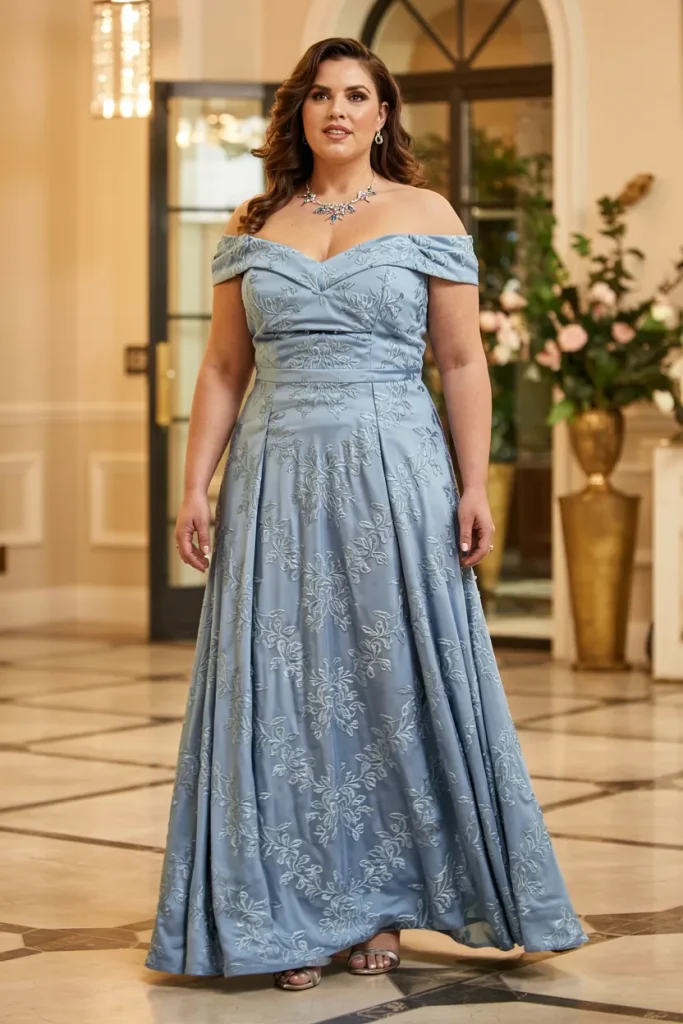 Plus Size Jacquard Off the Shoulder Floor Length Mother of the Bride Dress