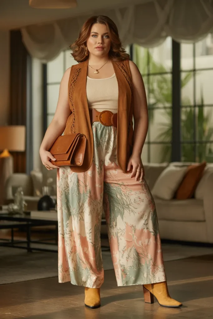 Plus Size Lace Up Suede Vest with Floral Palazzo Pants