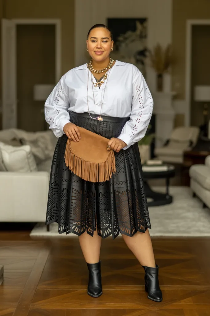 Plus Size Laser Cut Leather Skirt with Eyelet Blouse