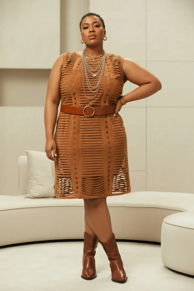 Plus Size Laser Cut Suede Shift Dress Cowgirl Outfit