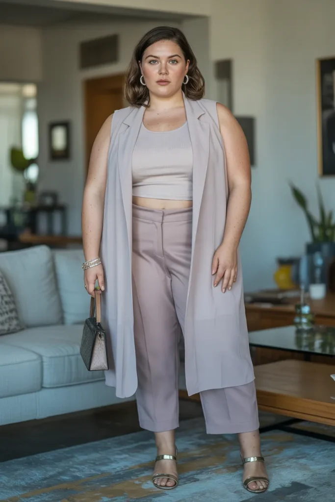 Plus Size Layered Chiffon Vest Cropped Pants Summer Outfit